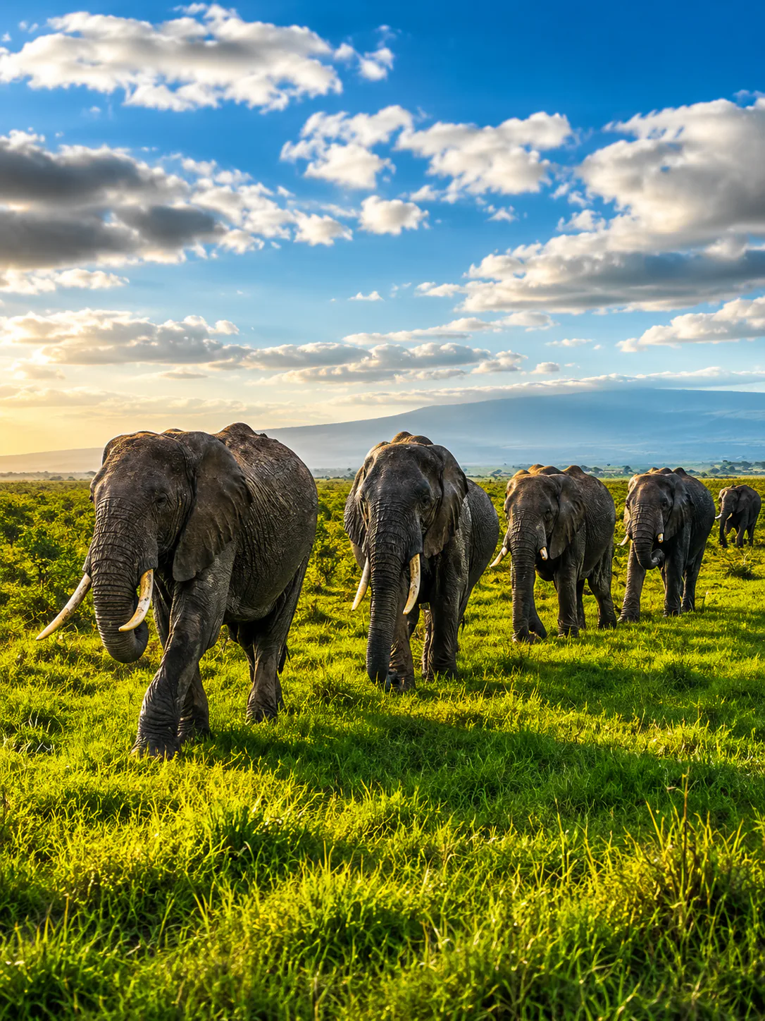 Elephant herd moving across lush plains